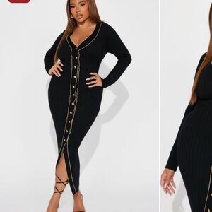 Fashion Nova Black and Gold Long Sleeve Dress